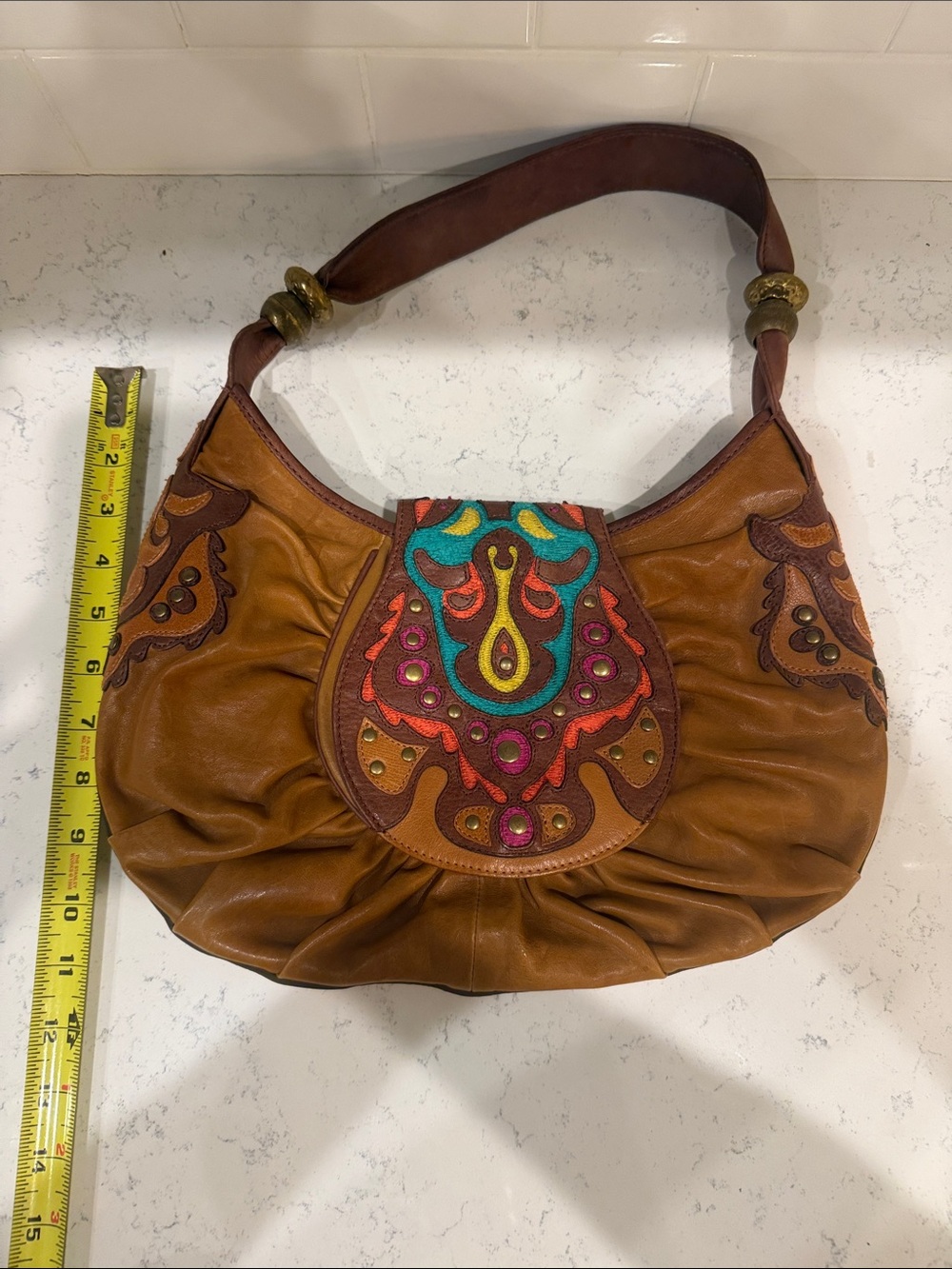 Y2K Colorful Western Brown Leather Shoulder Bag with Multicolor and Stud Flap - Picture 16 of 16